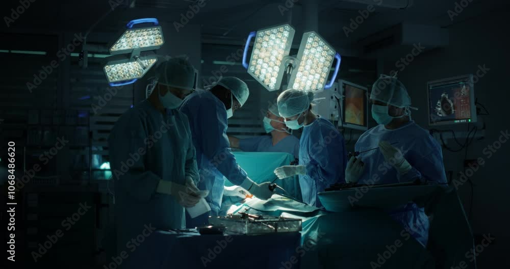Medical Team Performing a Complex Surgery on a Patient, Using Specialized Tools, Looking at Digital Screens with Health Information. Doctors with a Female Surgeon in the Lead Saving Patient's Life Medical Team Performing a Complex Surgery on a Patient, Using Specialized Tools, Looking at Digital Screens with Health Information. Doctors with a Female Surgeon in the Lead Saving Patient's Life