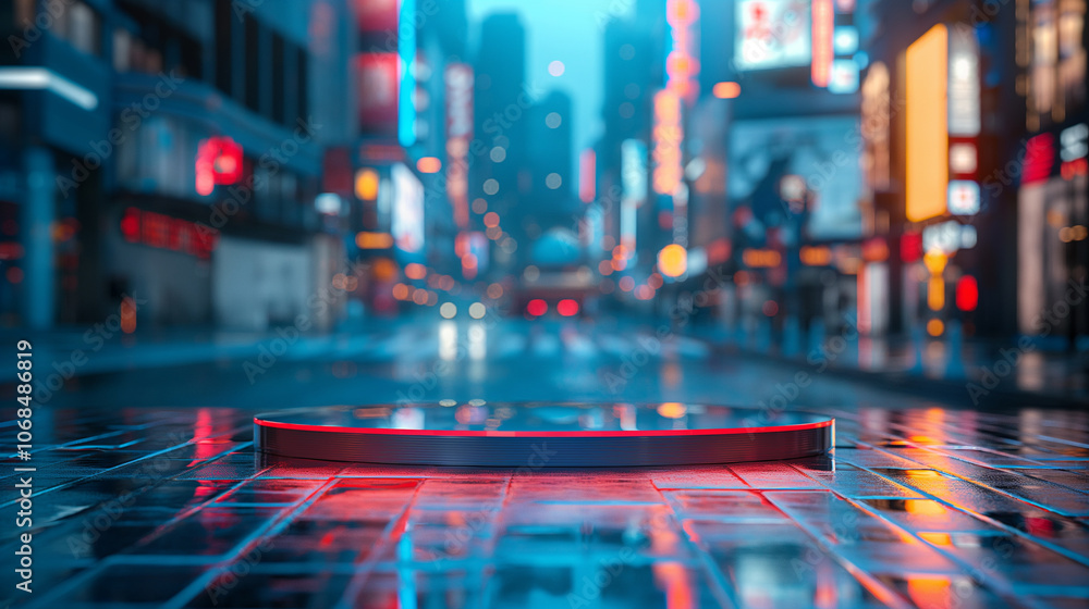 Futuristic glass podium product stand or display on the road with blur city street background. Backdrop for product presentation, advertising, mockup, showcasing with copy space. Futuristic glass podium product stand or display on the road with blur city street background. Backdrop for product presentation, advertising, mockup, showcasing with copy space.