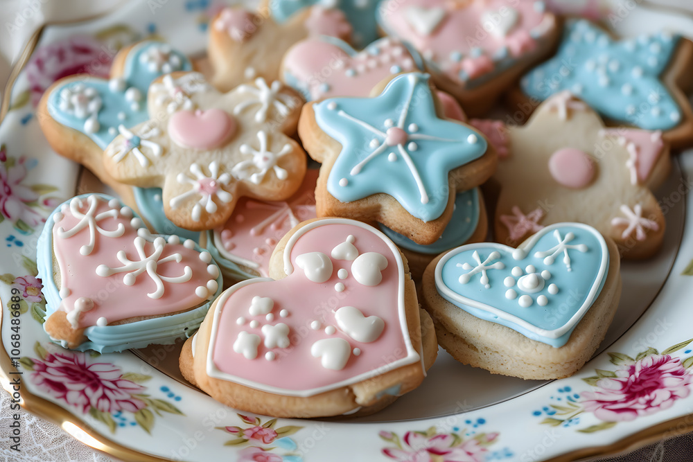 Pastel royal icing on sugar cookies in heart and flower shapes, arranged on a vintage plate Pastel royal icing on sugar cookies in heart and flower shapes, arranged on a vintage plate
