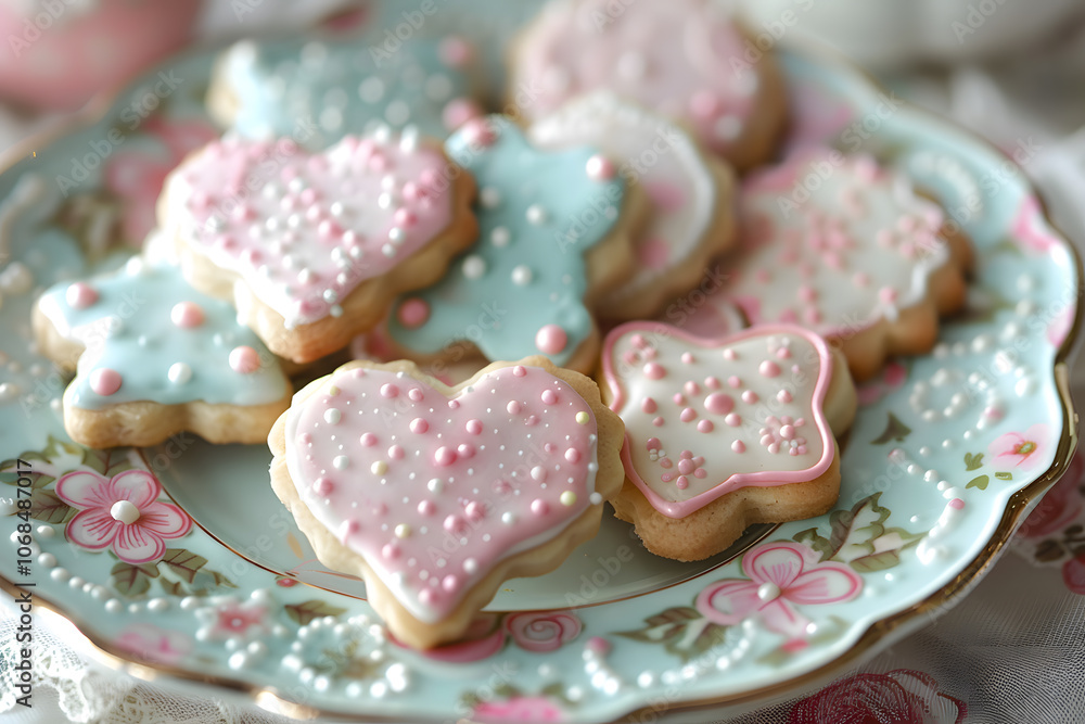 Elegant sugar cookies with pastel royal icing in heart and flower shapes on a vintage plate Elegant sugar cookies with pastel royal icing in heart and flower shapes on a vintage plate