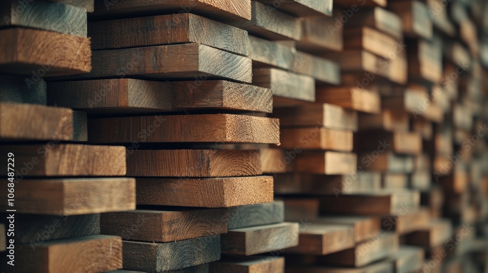 Close-up of stacked wooden planks in a warehouse, showcasing textures and colors at an industrial construction site Close-up of stacked wooden planks in a warehouse, showcasing textures and colors at an industrial construction site