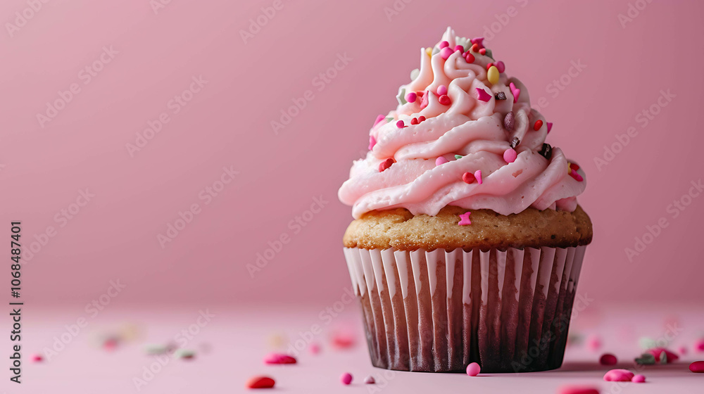 Scrumptious pink cupcake with sprinkles on a pink background. Perfect for a birthday or special occasion. Scrumptious pink cupcake with sprinkles on a pink background. Perfect for a birthday or special occasion.