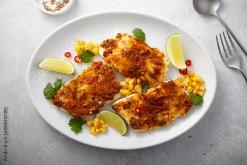 White fish fillet with pepper paste and corn