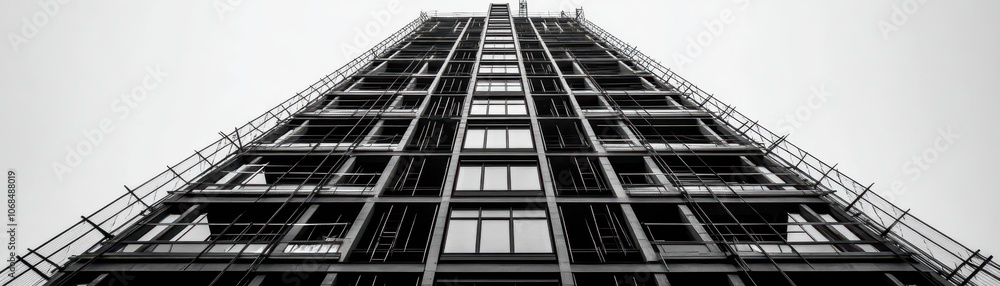Skyscraper Under Construction: A Towering Structure Wrapped in Scaffolding Against the Urban Skyline