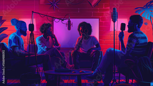 People in studio recording podcast.  Audio recording, live streaming, broadcast. Podcasting equipment and APP - studio microphone on a stand, headphones.