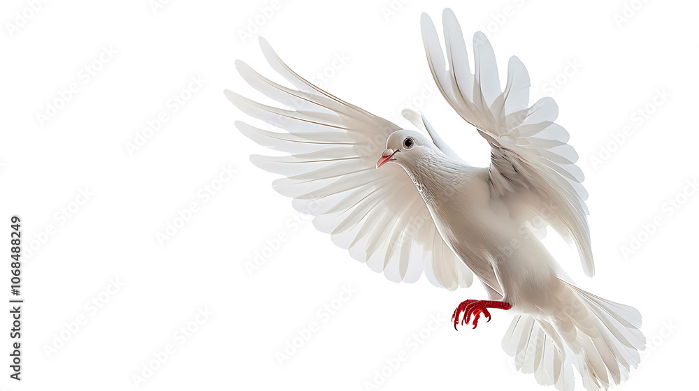 Fototapeta premium A beautiful white dove is flying with its wings spread wide. The dove has a gentle expression on its face, and its eyes are closed.