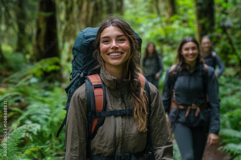 Fototapeta premium Embracing Adventure: A Joyful Journey Through Lush Wilderness with Friends, Highlighting the Beauty of Nature and the Spirit of Hiking