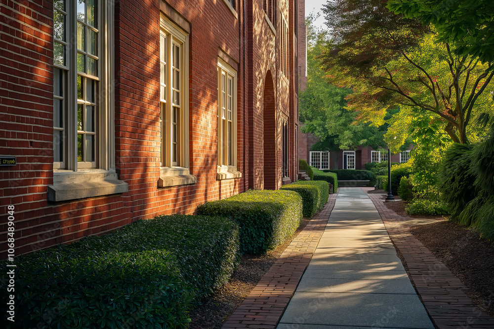Fototapeta premium Sunlit Walkway on University Campus with Red Brick Building and Greenery.