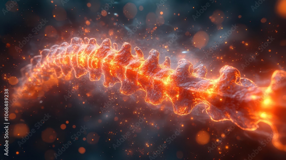 abstract visualization of a human spine radiating with warm red and orange hues, highlighting areas of tension and pain through intricate patterns and glowing effects, evoking a sense of deep emotion abstract visualization of a human spine radiating with warm red and orange hues, highlighting areas of tension and pain through intricate patterns and glowing effects, evoking a sense of deep emotion