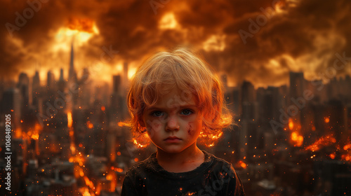 Innocent child standing amidst the ruins of a city engulfed in chaos and destruction from an unrelenting climate and dwindling natural resources