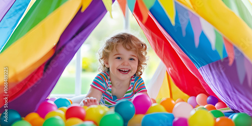 Happy child playing in colorful and cozy teepee tent at home. photo