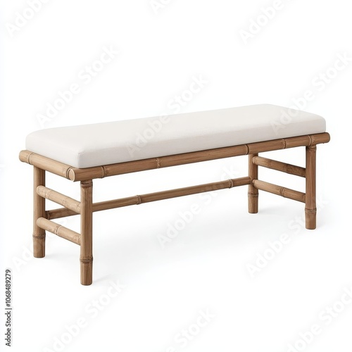 Bamboo bench with soft cushion, white background