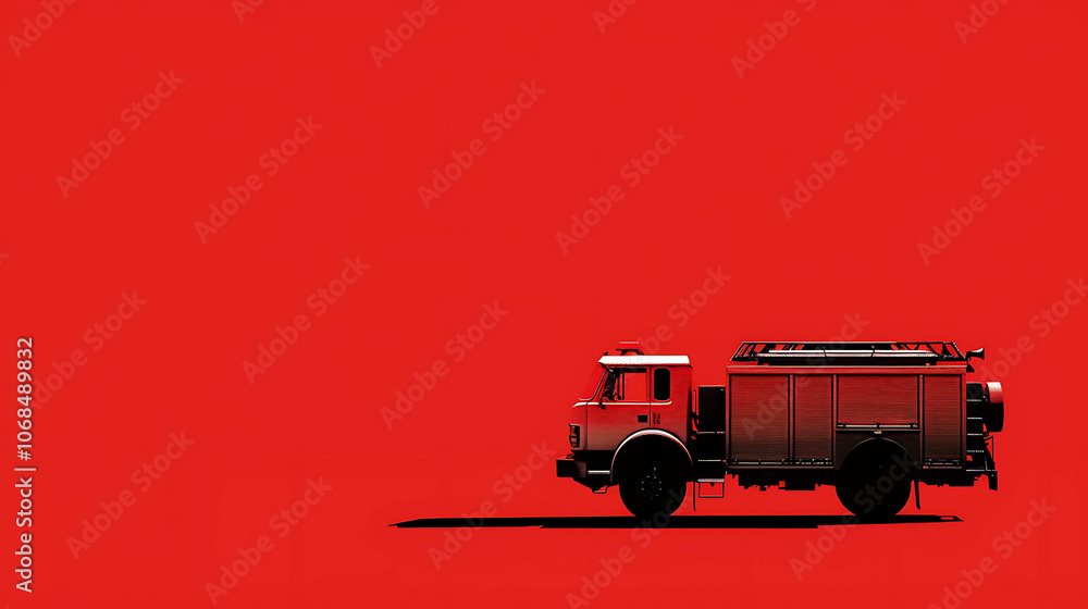 Fototapeta premium A red fire truck is parked on a red background. The truck is in the center of the image and is facing the left.