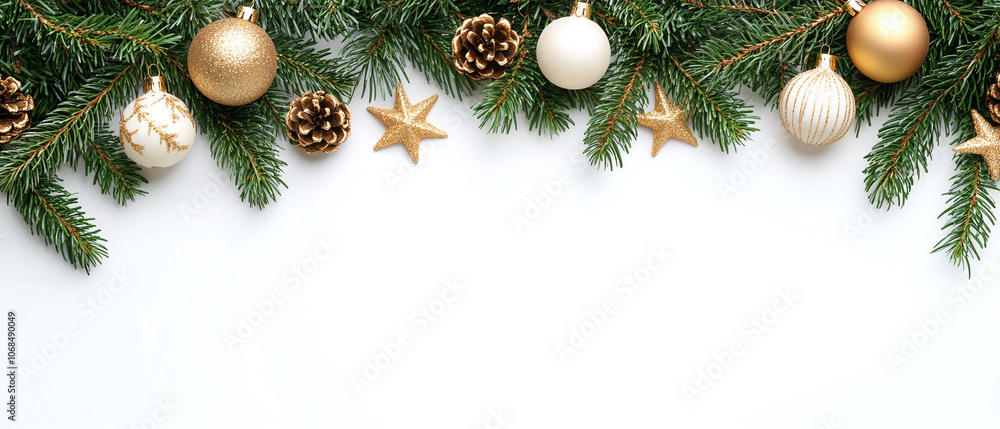 Christmas Frame Border with Fir Branches, Ornaments, and Golden Accents Christmas Frame Border with Fir Branches, Ornaments, and Golden Accents