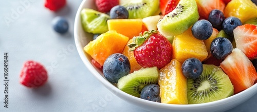 Fresh fruit salad with mango, kiwi, strawberries, blueberries and raspberries in a white bowl.