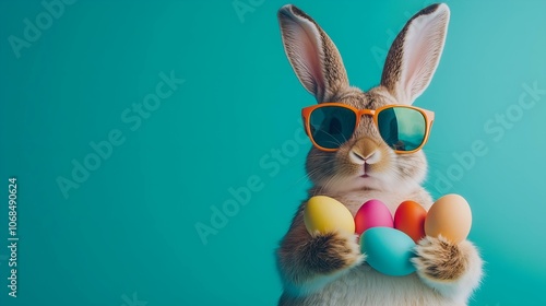 A cool rabbit wearing orange sunglasses holds colorful Easter eggs against a bright teal background, symbolizing fun.
