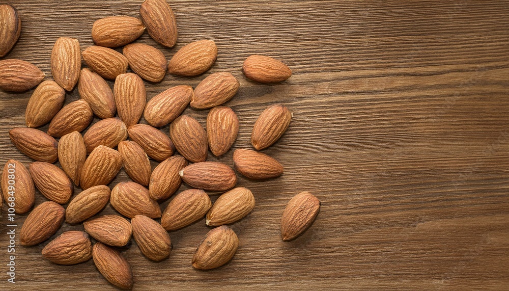 almonds on wooden background, photo of almonds scattered on a wooden table, top view almonds on wooden background, photo of almonds scattered on a wooden table, top view