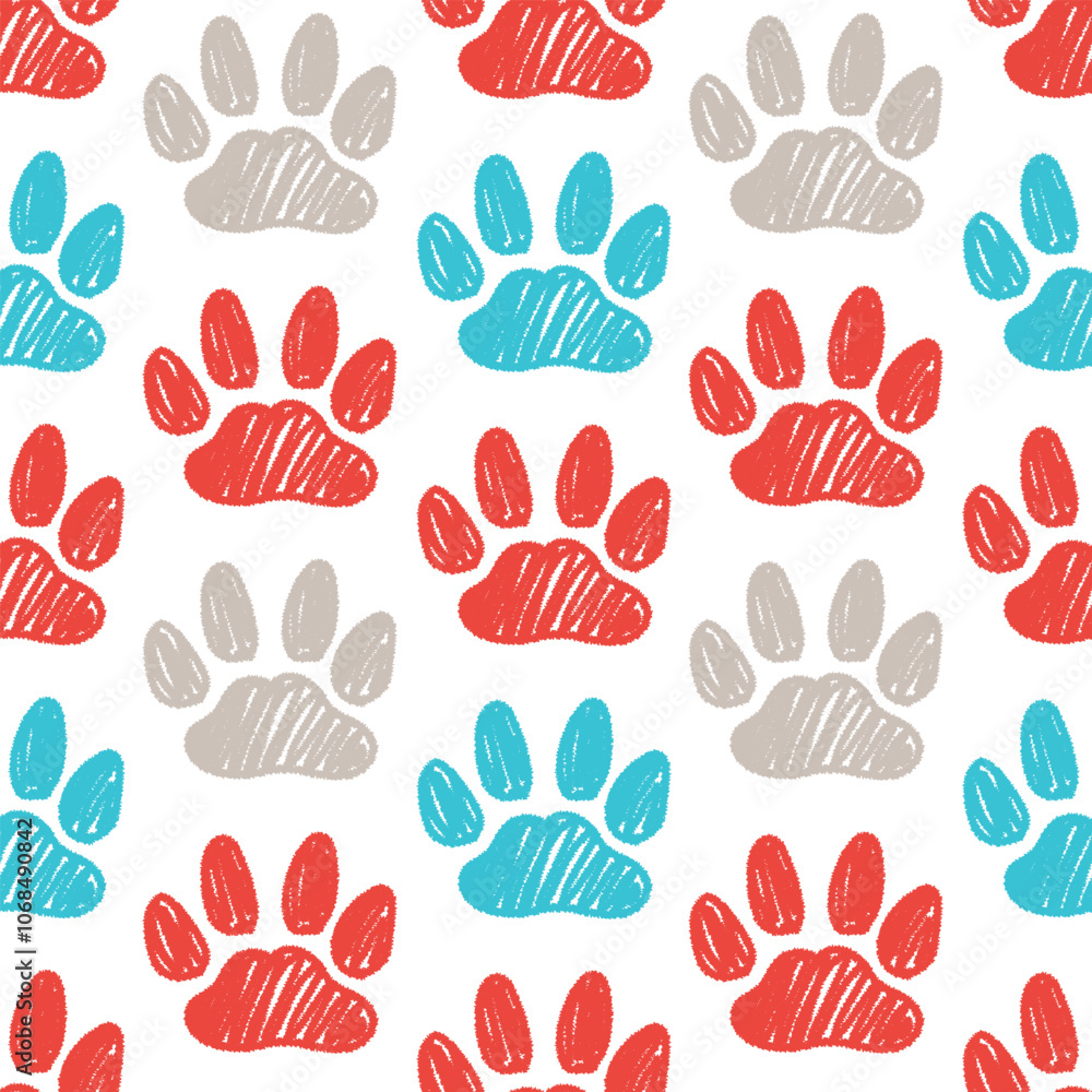 Fototapeta premium Seamless pattern with hand drawn pet paw prints. Domestic cat track footprints in brush stroke texture paint style