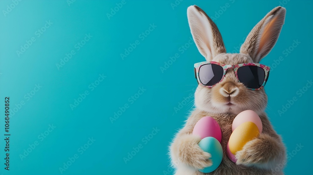 Obraz premium A stylish rabbit wearing floral-patterned sunglasses holds pastel-colored Easter eggs against a bright teal background, with copy space for text.