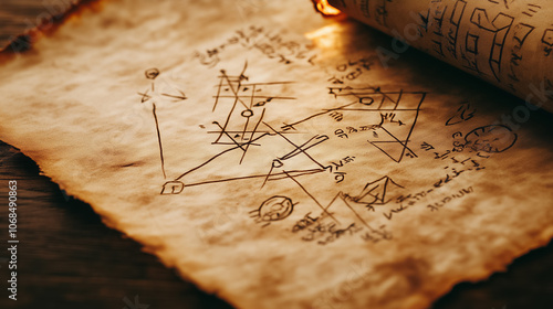 Intricate geometric diagrams with symbols exhibited on aged parchment, softly illuminated in a cozy setting