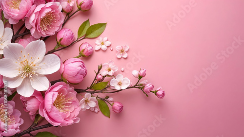 pink cherry blossom in spring on pink colour background.