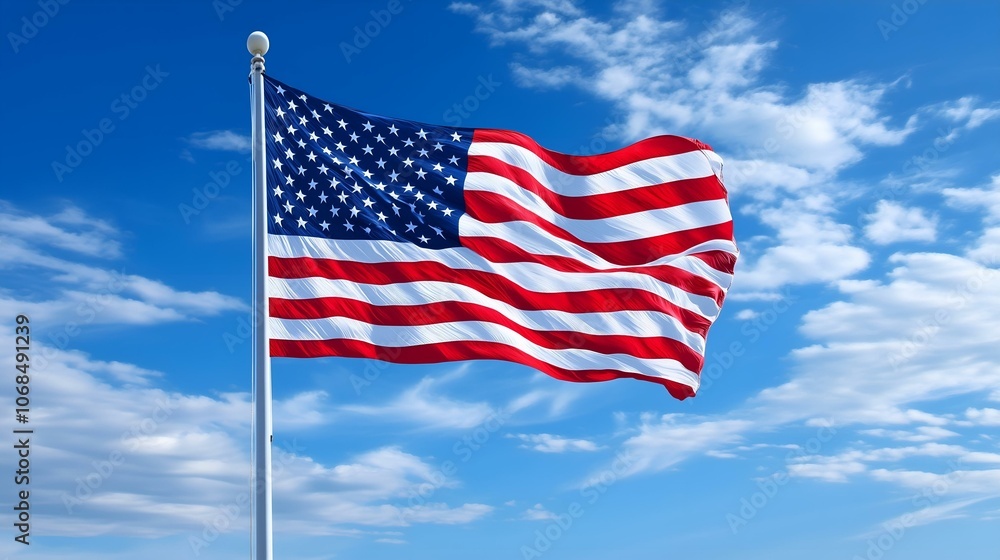 The American flag waving against a bright blue sky with scattered white clouds, symbolizing freedom and patriotism. The American flag waving against a bright blue sky with scattered white clouds, symbolizing freedom and patriotism.