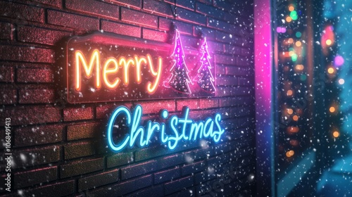 Bright Neon Merry Christmas Sign in Winter Atmosphere