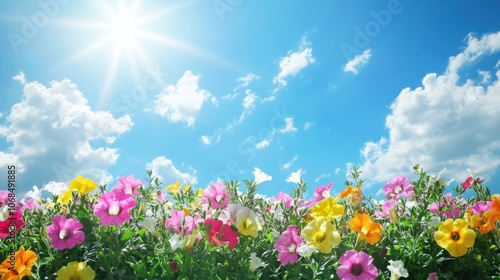 Colorful petunia garden under a sunny sky, creating a cheerful and bright background