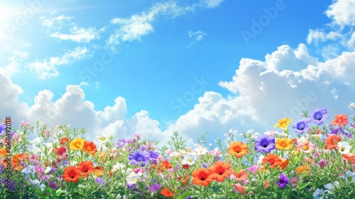 Colorful petunia garden under a sunny sky, creating a cheerful and bright background