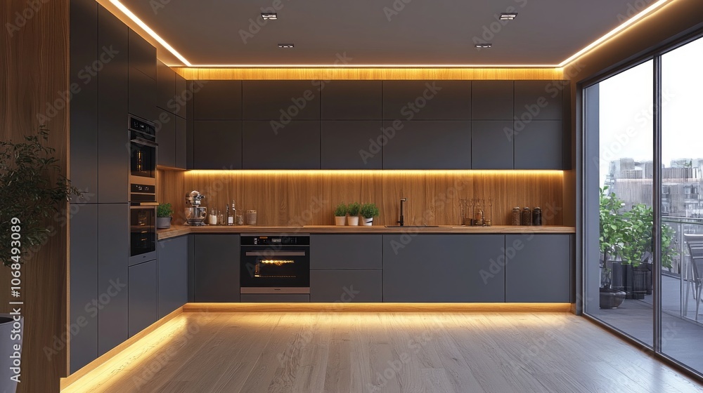 Modern Kitchen with Grey Cabinets, Wood Accents, and LED Lighting Modern Kitchen with Grey Cabinets, Wood Accents, and LED Lighting