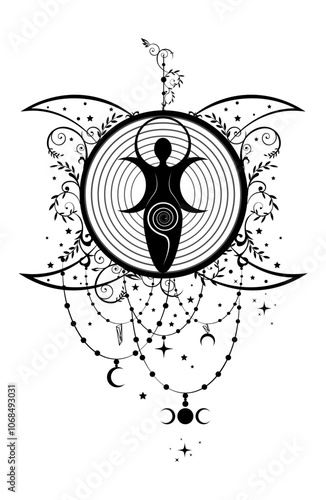 Mystical Wiccan Woman Logo triple moon goddess, spiral of fertility, Pagan Symbols, cycle of life, death and rebirth. Wicca mother earth symbol of sexual procreation, boho style, isolated on white