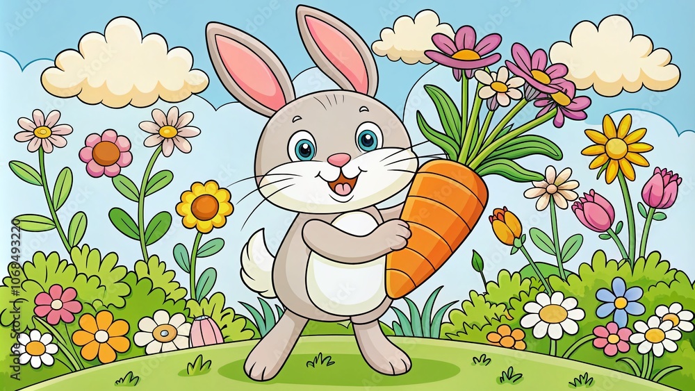 Fototapeta premium Kids Coloring Book Page with Cartoon Rabbit Carrying Carrot - Fun Activity for School Children, Cute Animal Design for Creative Learning, Happy Bunny Coloring Outline for Kids