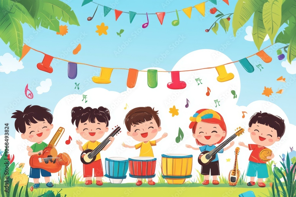 Joyful Kids Playing Music Together in a Vibrant Outdoor Scene with Colorful Instruments and Decorations Joyful Kids Playing Music Together in a Vibrant Outdoor Scene with Colorful Instruments and Decorations