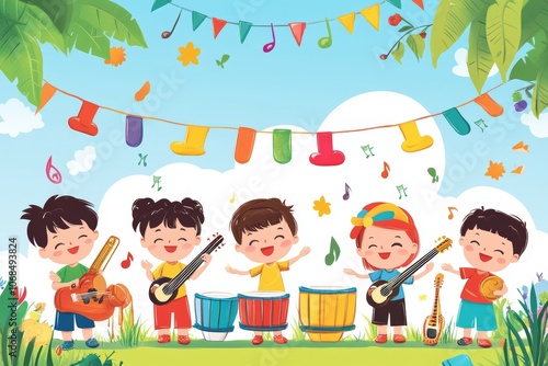Joyful Kids Playing Music Together in a Vibrant Outdoor Scene with Colorful Instruments and Decorations