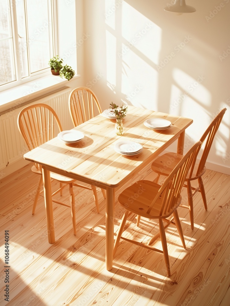 Scandinavian Kitchen: Light Pine Dining Set in Sunlit Space Scandinavian Kitchen: Light Pine Dining Set in Sunlit Space
