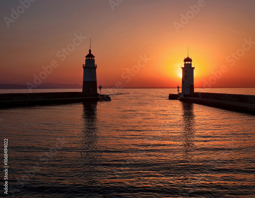 In the Aegean Sea, two lighthouses stand opposite each other, framing a stunning sunset that illuminates the pink and orange sky and sparkles on the water. photo