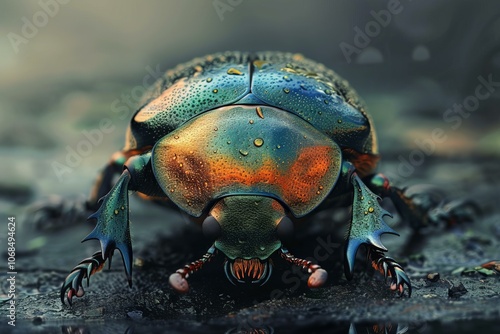 Metallic beetle with iridescent colors is standing on wet ground with water drops visible on its shell photo