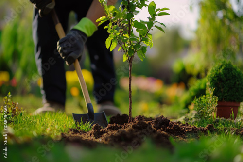 A landscaper uses a shovel to plant a young tree in a colorful garden. The surrounding area features blooming flowers and lush greenery, emphasizing nature’s beauty.