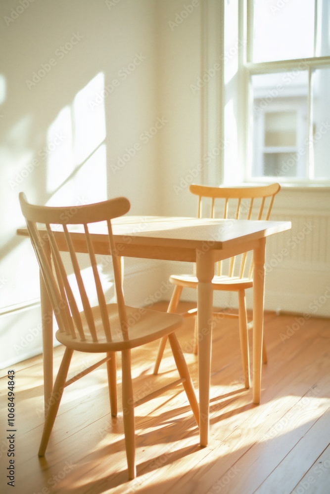 Fototapeta premium Minimalist Scandinavian Kitchen with Birchwood Furniture and Sunlit Ambiance