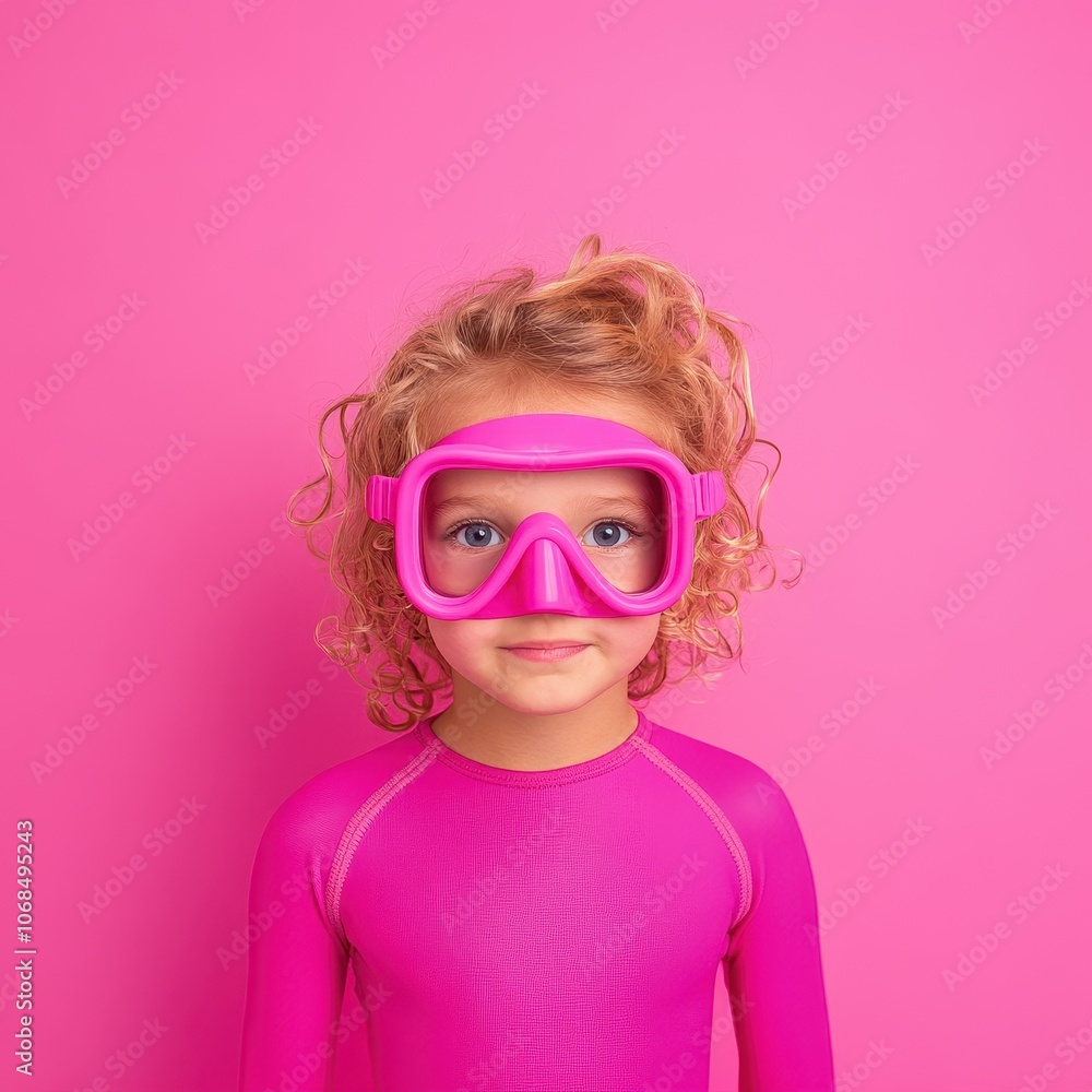 Adorable child dressed as a diver in pink outfit with goggles standing against a bright pink background Adorable child dressed as a diver in pink outfit with goggles standing against a bright pink background
