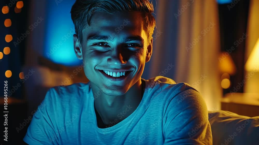 A young man smiles brightly while sitting in a dimly lit room A young man smiles brightly while sitting in a dimly lit room