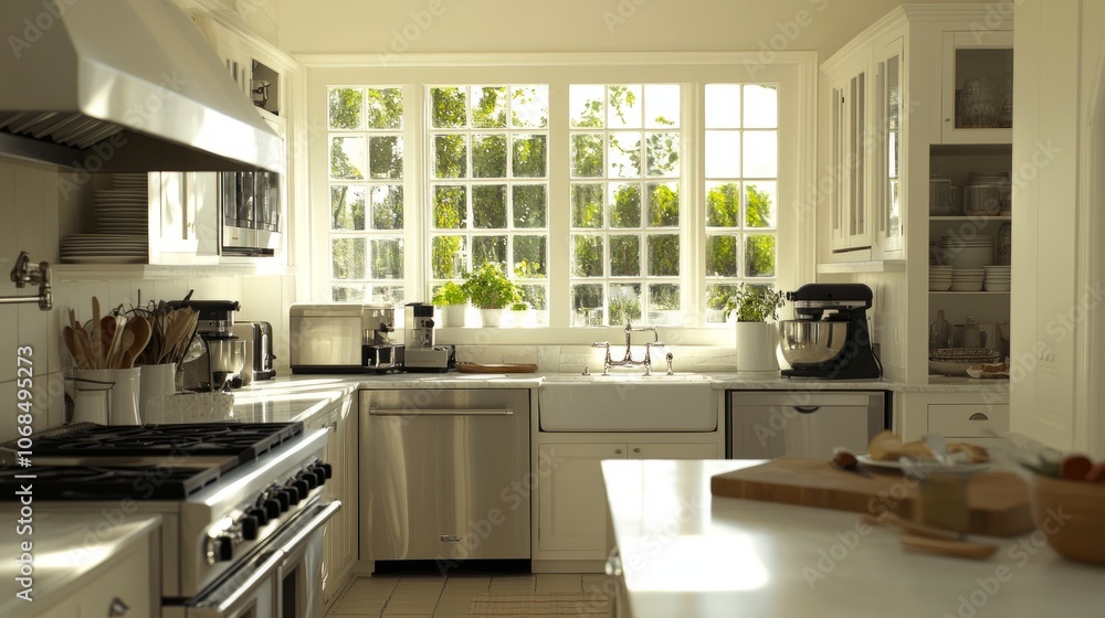 Clean and spacious kitchen with bright white walls, stainless steel appliances, and marble countertops, exuding elegance and simplicity Clean and spacious kitchen with bright white walls, stainless steel appliances, and marble countertops, exuding elegance and simplicity