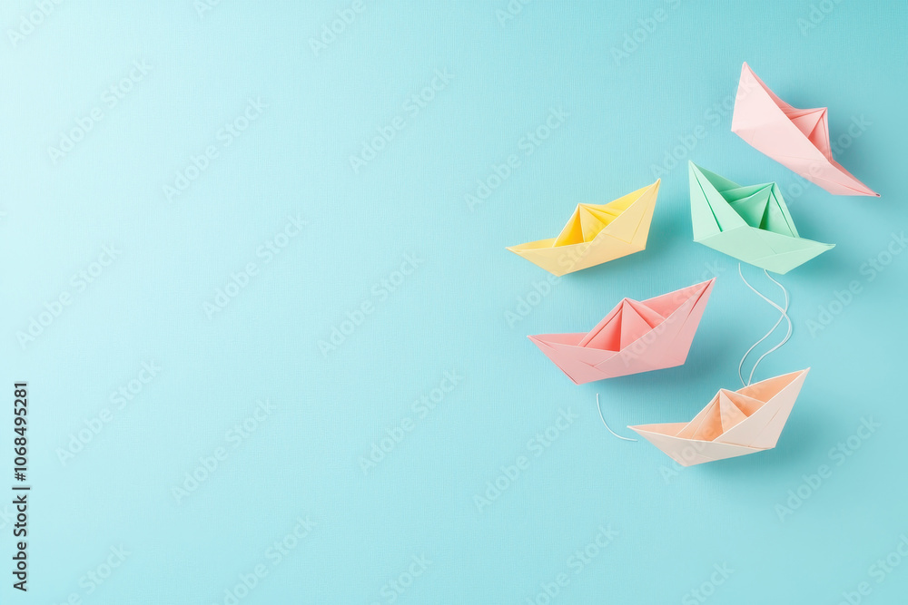 Colorful paper boats floating on a light blue surface Colorful paper boats floating on a light blue surface