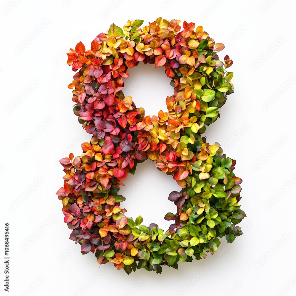Number 8 made of fall leaves, flowers. berries. Vibrant autumn colours. White clean background. Generative AI Number 8 made of fall leaves, flowers. berries. Vibrant autumn colours. White clean background. Generative AI