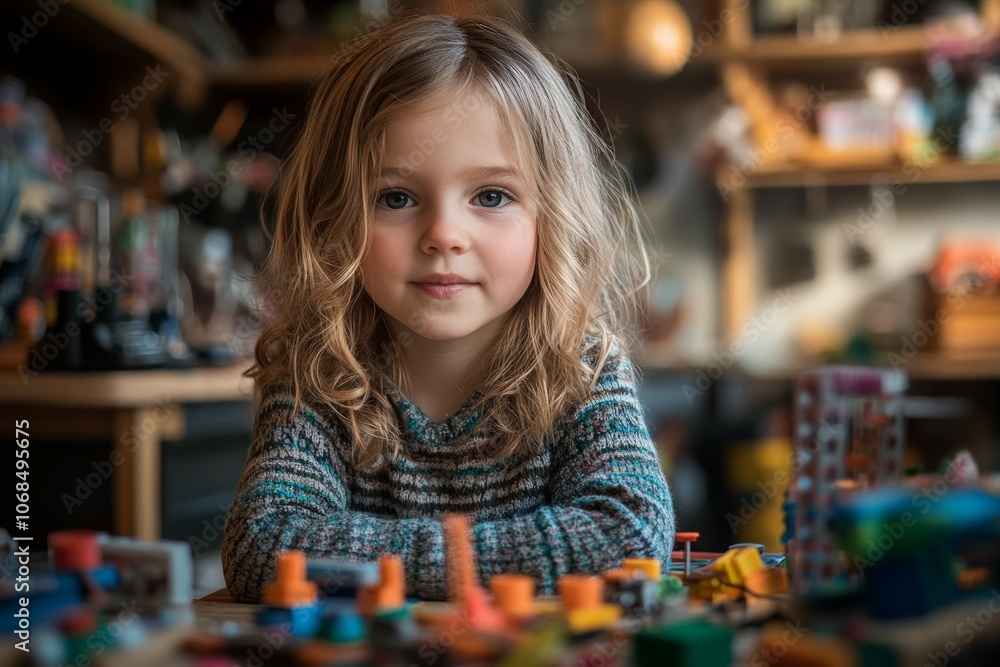 Fototapeta premium Imagination in Motion: A Young Child Engaged with Colorful Building Blocks Amongst a Cozy Workshop of Creativity
