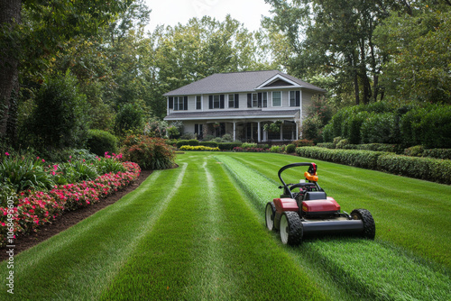 A landscaper is focused on trimming an expansive, well-maintained lawn using a lawnmower. The surrounding garden features vibrant flowers and neat hedges, enhancing the home's curb appeal.