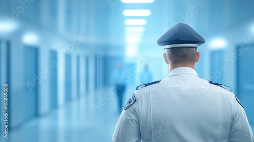 Uniformed person walking down corridor, glimpse into daily transit and interior architecture