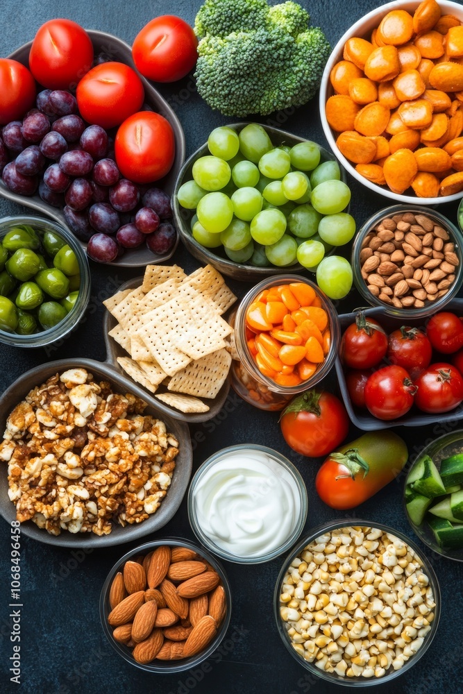 An array of colorful fruits such as grapes, cherries, and oranges, along with nuts, crackers, and yogurt, presents a healthy snack option for gatherings An array of colorful fruits such as grapes, cherries, and oranges, along with nuts, crackers, and yogurt, presents a healthy snack option for gatherings