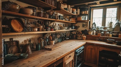 Interior of a farmhouse kitchen with wooden countertops, open shelves, and rustic-style decor. A mix of modern and vintage utensils on display.