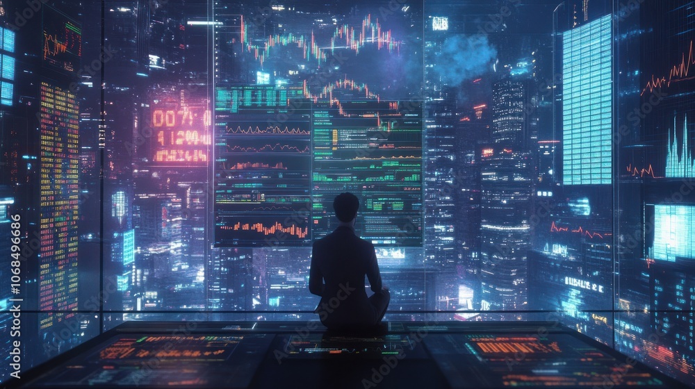 Investor using AI-assisted stock trading interface, smart graphs, data suggestions, futuristic design Investor using AI-assisted stock trading interface, smart graphs, data suggestions, futuristic design